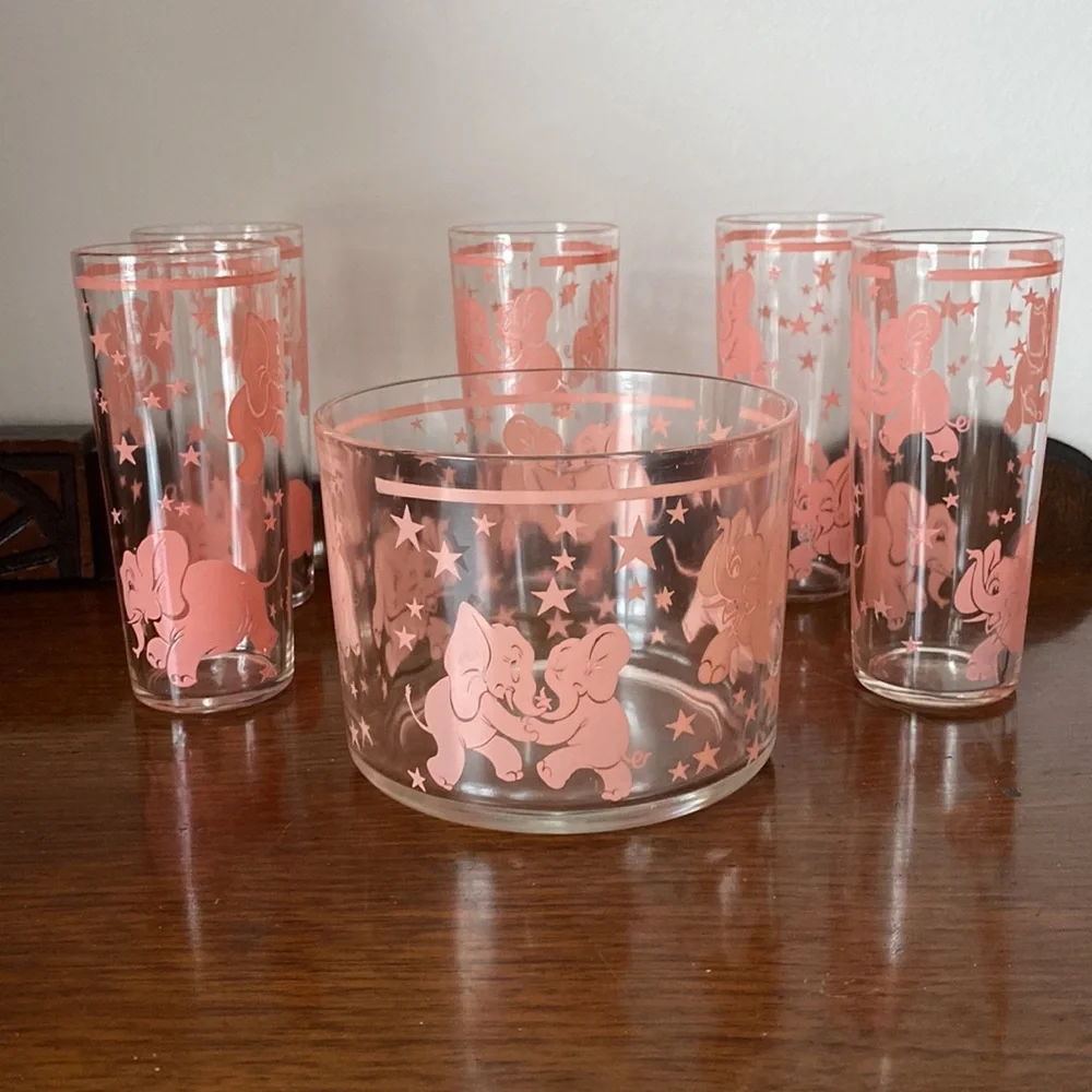 04:08  Vintage Hazel Atlas Glass Co. Pink Elephants Bar Set